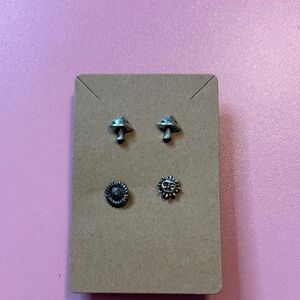 Silver Tone Mismatched Stud Earring Set – Sunflower, Sun & Mushroom